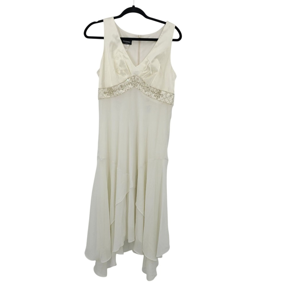 90s Ivory Satin‎ Chiffon Tiered Lingerie Nightgown Sz XL Rhinestone Tail Bridal